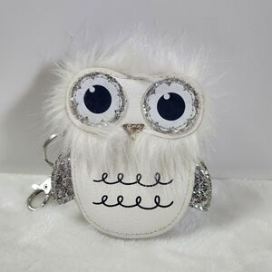 Target Owl Faux Leather Fur Trim White Silver Glitter Coin Purse Keychain NWOT
